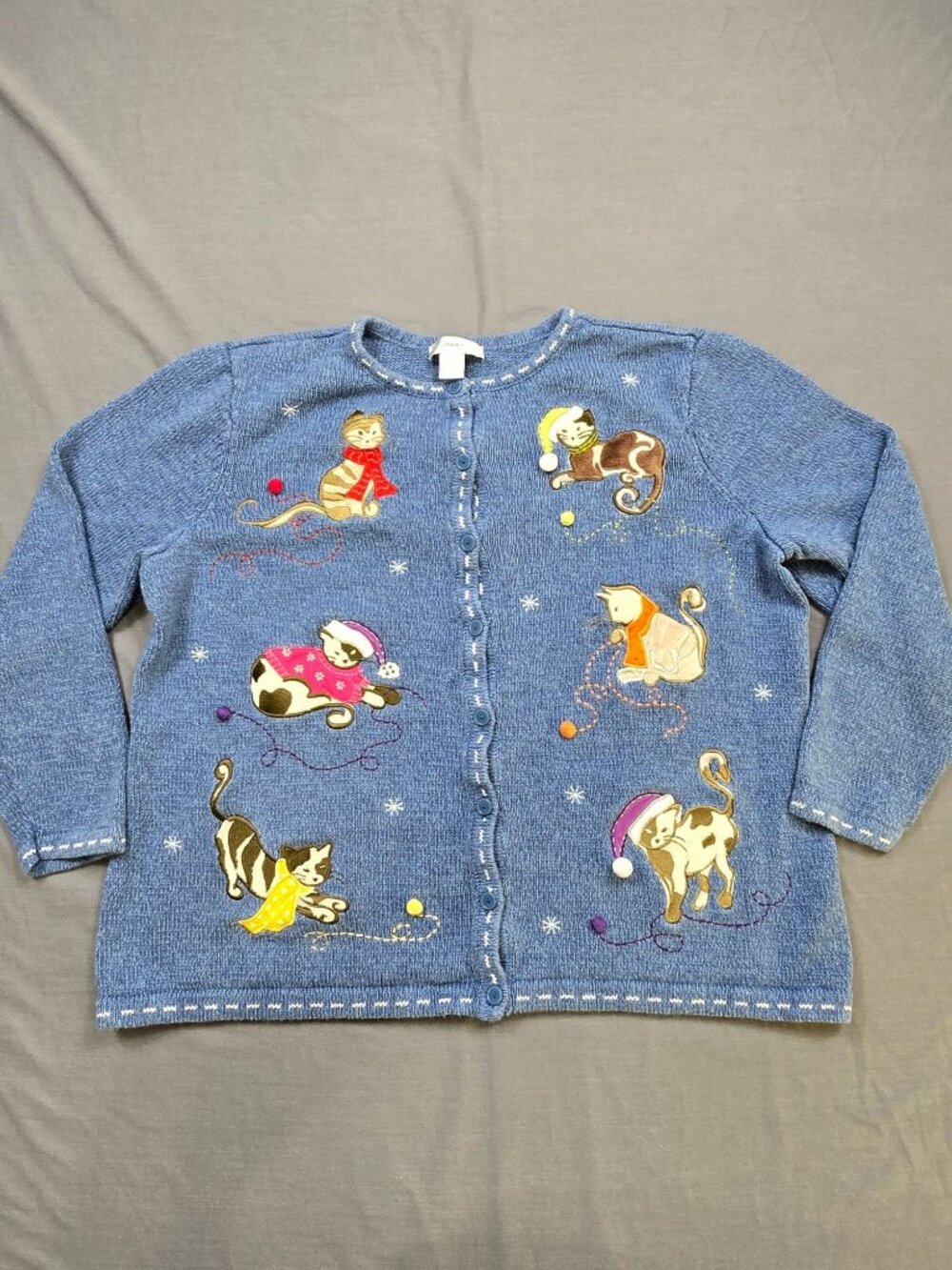 CJ Banks 1X Blue Cat Themed Button-Up Cardigan Sweater Winter Holiday Christmas